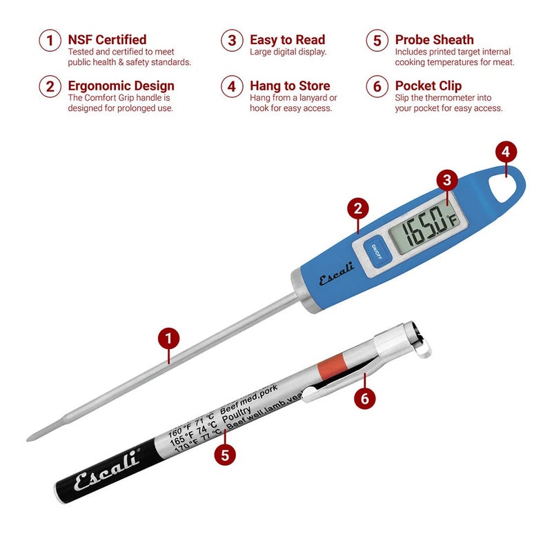Escali DH1 Gourmet Digital Meat Thermometer with Extra Long Probe, NSF Certified, Blue - Image 2